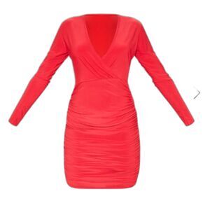 PLT PrettyLittleThing Slinky Red V Neck Ruched Long Sleeve Mini Dress US 8 UK12